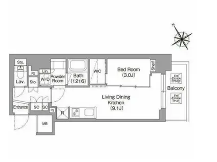 バウスフラッツ蔵前(1LDK/13階)の間取り写真