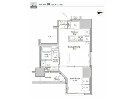プラウドフラット浅草雷門(1LDK/9階)の間取り写真