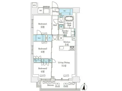 フロンティアレジデンス錦糸公園(3LDK/2階)の間取り写真