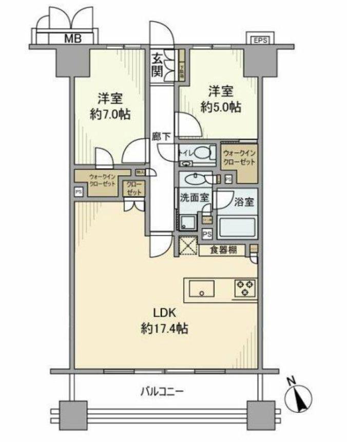 プレシス東京湊 THE RESIDENCE(2LDK/2階)の間取り写真