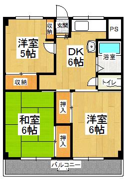北ノ浜マンション(3DK/6階)の間取り写真