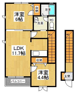 高徳線 徳島駅 バス乗車時間：21分 十郎兵屋敷バス停で下車 徒歩2分 2階建 築20年(2LDK/2階)の間取り写真
