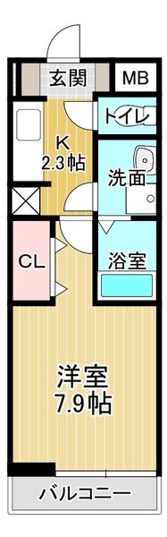 マリオ北島 D(1K/2階)の間取り写真