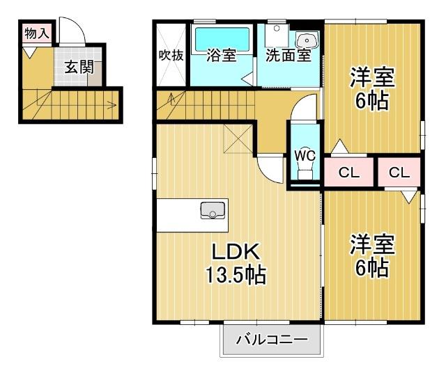 ウィルコート大松 B棟(2LDK/2階)の間取り写真