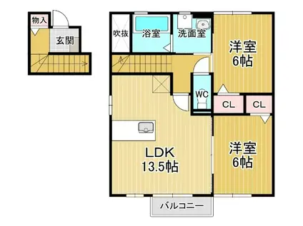 ウィルコート大松 B棟(2LDK/2階)の間取り写真