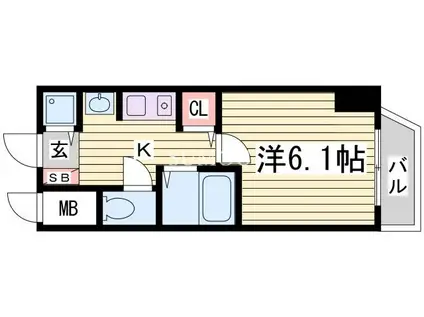 東海道本線 三ノ宮駅(ＪＲ) 徒歩5分 14階建 築20年(1K/6階)の間取り写真