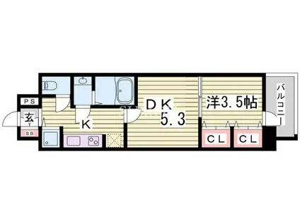 東海道本線 三ノ宮駅(ＪＲ) 徒歩14分 15階建 築9年(1DK/9階)の間取り写真