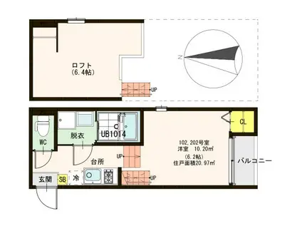 ハーモニーテラス西出町(1K/2階)の間取り写真