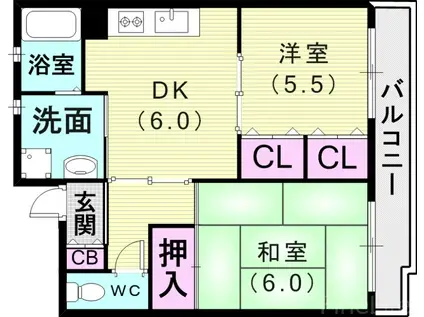 神戸電鉄有馬線 湊川駅 徒歩9分 3階建 築27年(2DK/3階)の間取り写真
