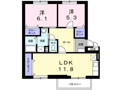 ニューエルディムマナベB(2LDK/2階)の間取り写真