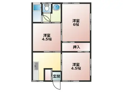 阪和線 紀伊中ノ島駅 徒歩3分 2階建 築52年(3K/2階)の間取り写真
