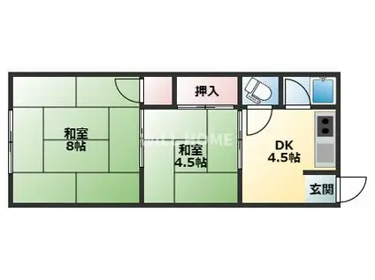 阪和線 六十谷駅 徒歩3分 2階建 築55年(2DK/2階)の間取り写真
