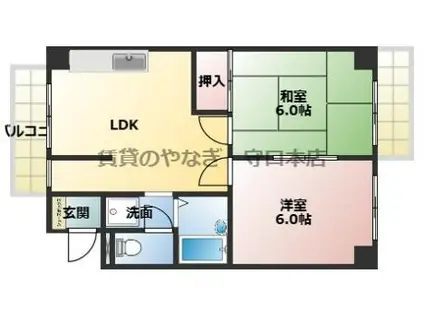 大阪市谷町線 守口駅 徒歩7分 9階建 築37年(2LDK/2階)の間取り写真