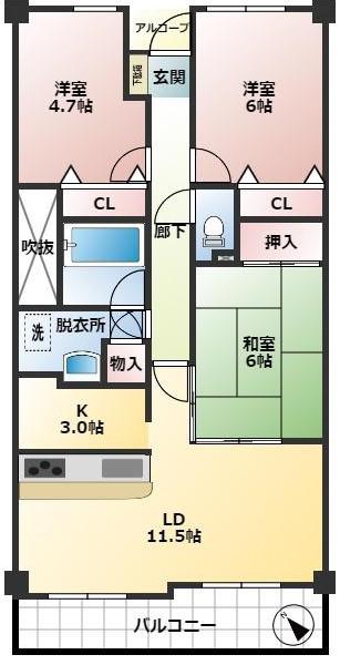 メロディーハイム守口5番館(3LDK/5階)の間取り写真