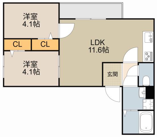 TIO寝屋川市駅(2LDK/1階)の間取り写真