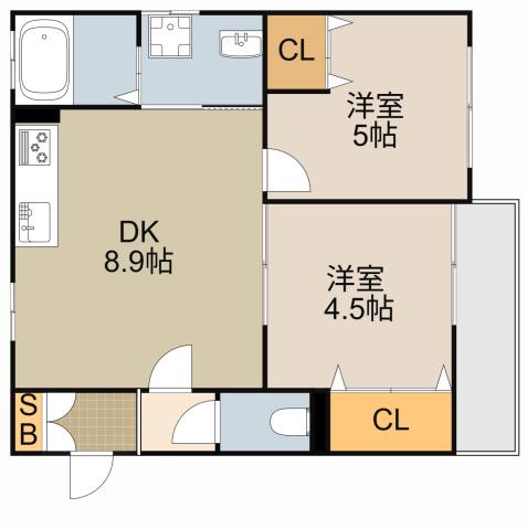 ミモザイズム上野口町(2DK/1階)の間取り写真
