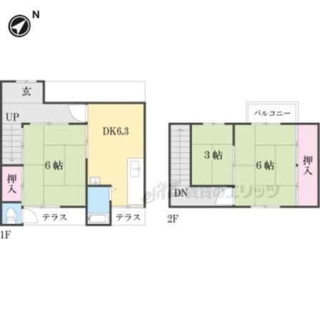 京都市烏丸線 北大路駅 バス乗車時間：15分 ゴルフ場前バス停で下車 徒歩2分 2階建 築62年(3DK)の間取り写真
