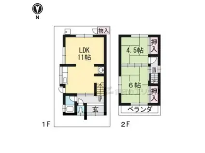 近鉄京都線 富野荘駅 徒歩5分 2階建 築54年(2LDK)の間取り写真