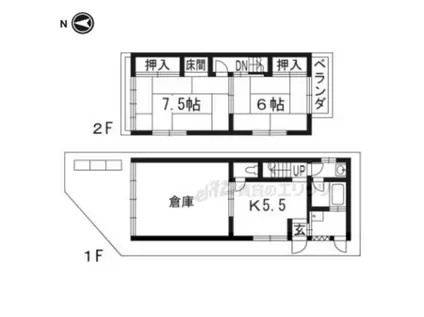 京阪電気鉄道京阪線 中書島駅 バス乗車時間：15分 羽束師志水町バス停で下車 徒歩9分 2階建 築47年(2DK)の間取り写真