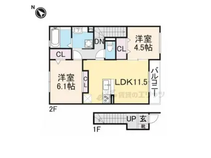 ロイヤルタウン篠山口A棟(2LDK/2階)の間取り写真