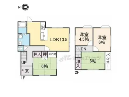 近鉄生駒線 一分駅 徒歩12分 2階建 築44年(4LDK)の間取り写真