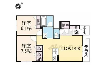 ヴァンヴェール生駒(2LDK/1階)の間取り写真