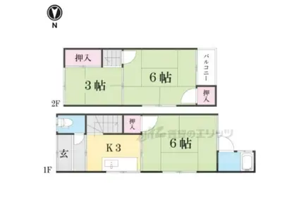 京都市東西線 東野駅(京都) 徒歩9分 2階建 築53年(3K)の間取り写真