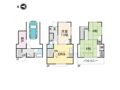 近鉄難波・奈良線 富雄駅 徒歩22分 3階建 築47年(3LDK)の間取り写真