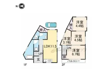 近鉄難波・奈良線 生駒駅 徒歩21分 2階建 築54年(4LDK)の間取り写真