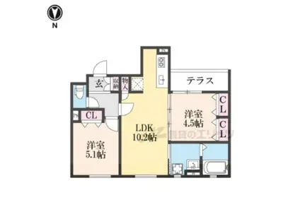 クリエオーレ崇徳院(2LDK/1階)の間取り写真