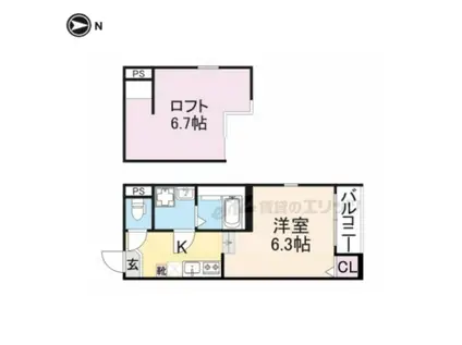 ハーモニーテラスフォース椥辻(1K/2階)の間取り写真