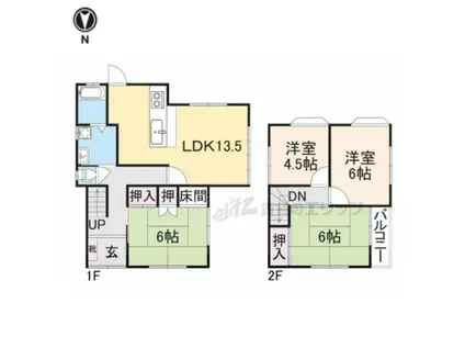 近鉄生駒線 一分駅 徒歩12分 2階建 築44年(4LDK)の間取り写真