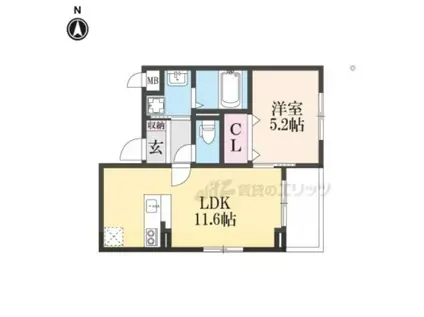 ソレイユ八条春日(1LDK/2階)の間取り写真