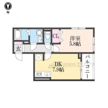 ヒカルサ京都梅津(1DK/2階)の間取り写真
