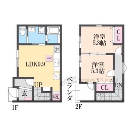 山陰本線 円町駅 徒歩9分 2階建 新築(2LDK)の間取り写真
