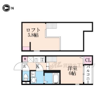ハーモニーテラス桃山町西町(1K/2階)の間取り写真
