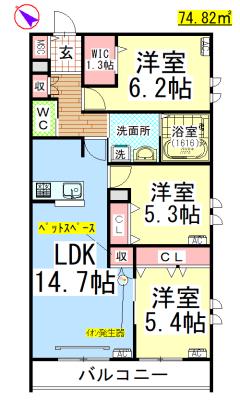 AF ペット共生・ベルフォレ(3LDK/2階)の間取り写真