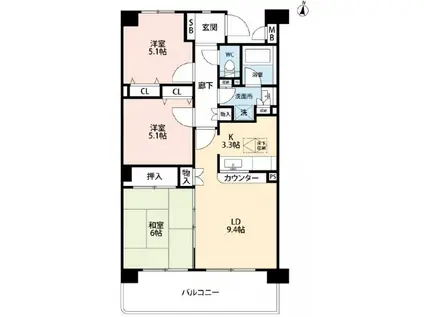 サニーフォレスト藤原弐番館(3LDK/5階)の間取り写真