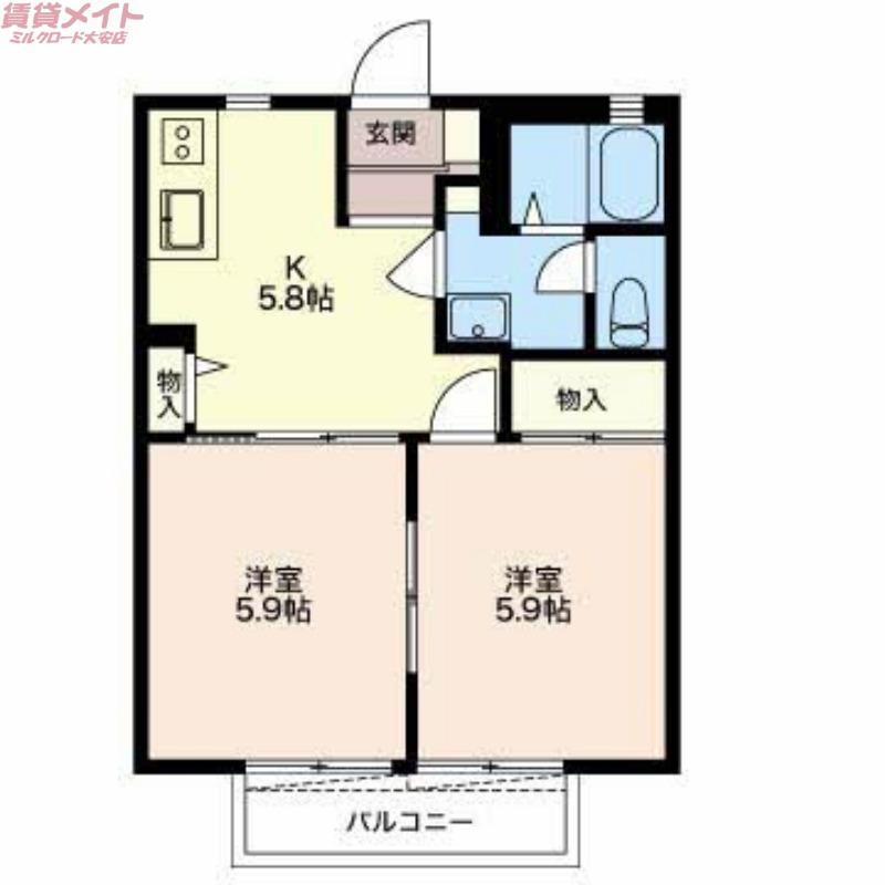 アドバンテージ B棟(2DK/1階)の間取り写真