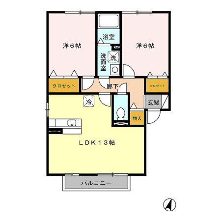 グランモア貝津B(2LDK/2階)の間取り写真
