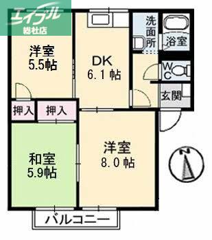 ルボアール21B棟(3DK/2階)の間取り写真