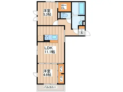 ル プティシャトー広瀬橋(2LDK/3階)の間取り写真