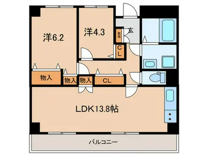 フィリシティートダパーク(2LDK/6階)の間取り写真