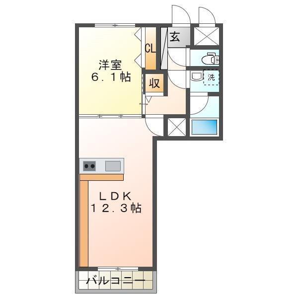 ホポロ大形本町(1LDK/2階)の間取り写真