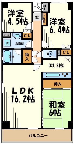 つつじヶ丘エクセルハイツI(3LDK/3階)の間取り写真