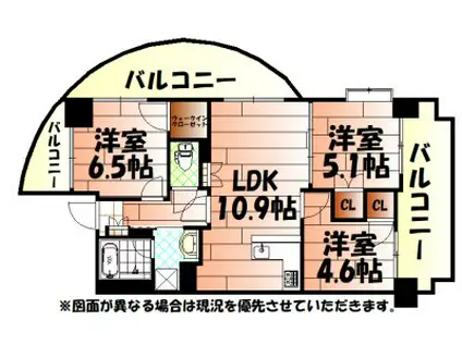 オークランドアサート小倉(3LDK/12階)の間取り写真