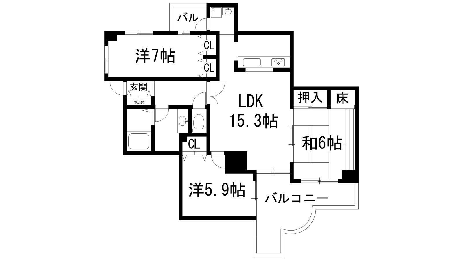 グランドゥール逆瀬川(3LDK/5階)の間取り写真