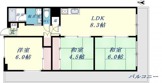 フローラ長田(3LDK/6階)の間取り写真