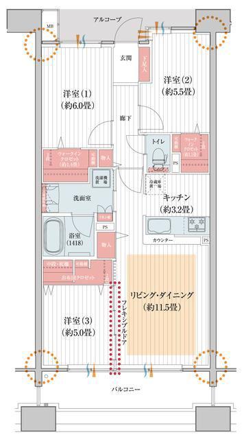 デュオヒルズ仙台花京院ザ・タワー(3LDK/10階)の間取り写真