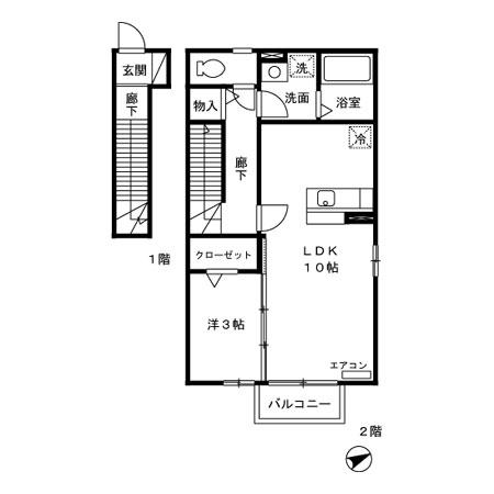 京王線 武蔵野台駅 徒歩4分 2階建 築21年(1LDK/2階)の間取り写真